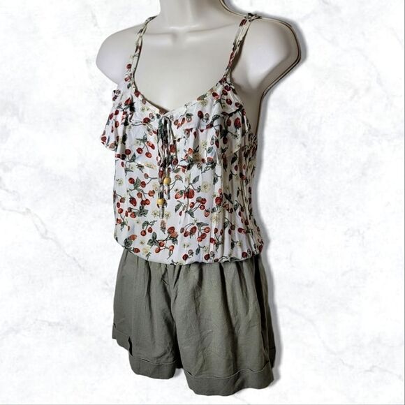 Mine Floral Strawberry Wide Leg Spaghetti Crisscross Strap Cottagecore Romper - Picture 2 of 6